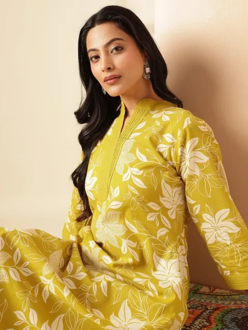 Yellow Women Floral Printed A-Line Cotton Stitched Kurta With Palazzo Sets