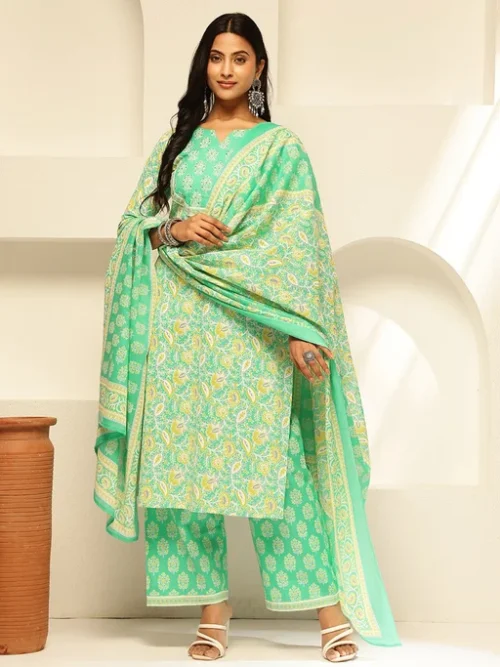 Floral Printed Notch Neck Pure Cotton Kurta with Palazzos & Dupatta