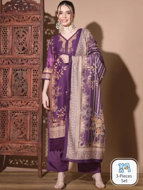 Ethnic Motifs Printed V-Neck Chanderi Silk Straight Kurta & Palazzos With Dupatta