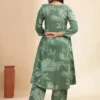 Green Floral Printed Pleated Notch Neck Pure Cotton A-Line Kurta With Palazzos