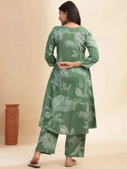 Green Floral Printed Pleated Notch Neck Pure Cotton A-Line Kurta With Palazzos