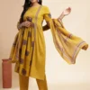 Ethnic Motifs Printed Pleated Pure Cotton A-Line Kurta With Trouser And Dupatta