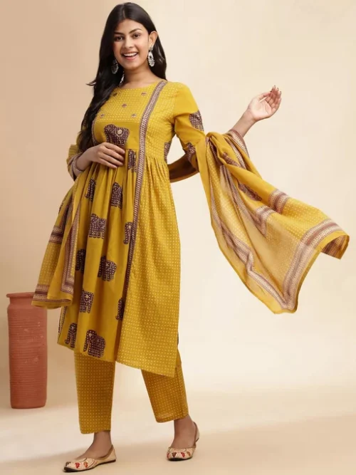 Ethnic Motifs Printed Pleated Pure Cotton A-Line Kurta With Trouser And Dupatta