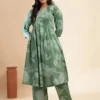Green Floral Printed Pleated Notch Neck Pure Cotton A-Line Kurta With Palazzos