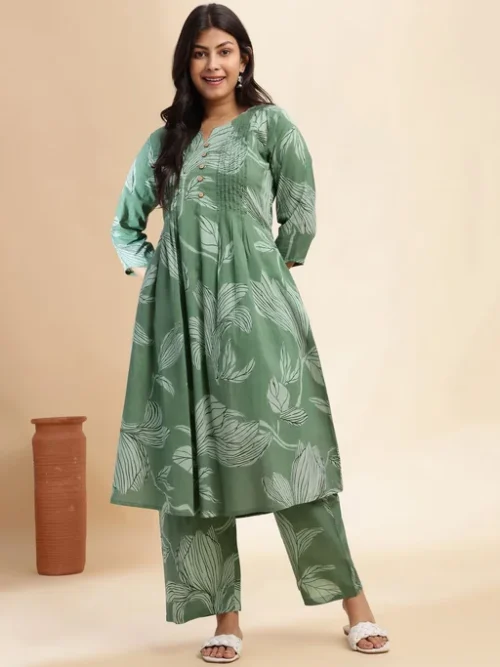 Green Floral Printed Pleated Notch Neck Pure Cotton A-Line Kurta With Palazzos