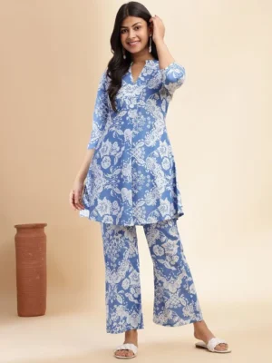 Floral Printed Mandarin Collar Neck Pure Cotton Tunic With Palazzos