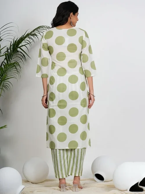 Green Geometric Printed Mirror Work Pure Cotton Kurta With Trousers & Dupatta