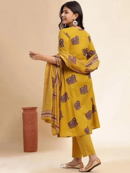 Ethnic Motifs Printed Pleated Pure Cotton A-Line Kurta With Trouser And Dupatta