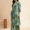 Green Floral Printed Pleated Notch Neck Pure Cotton A-Line Kurta With Palazzos