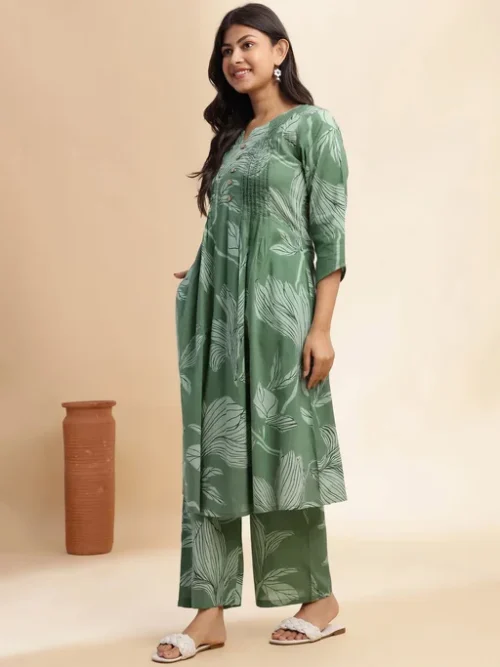 Green Floral Printed Pleated Notch Neck Pure Cotton A-Line Kurta With Palazzos