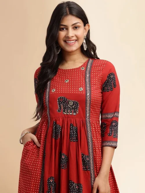 Red Ethnic Motifs Printed Pleated Pure Cotton A-Line Kurta With Trouser And Dupatta