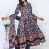 Blue Animal Print With Sequence Work Anarkali Cotton Kurta Set