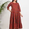 Maroon Floral Print With Ruffled Anarkali Cotton Stitched Kurta Set