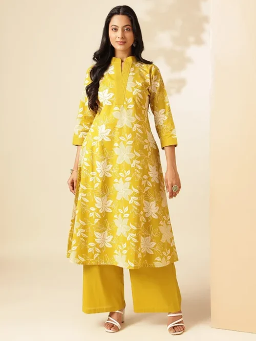 Yellow Women Floral Printed A-Line Cotton Stitched Kurta With Palazzo Sets