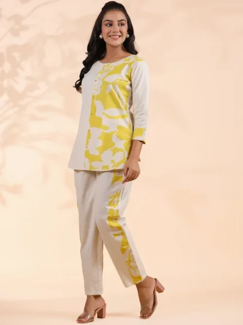 Yellow Abstract Printed Round Neck Tunic With Trouser