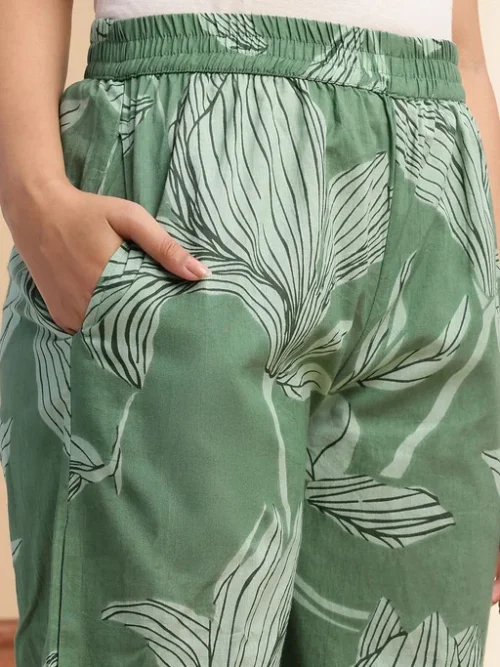 Green Floral Printed Pleated Notch Neck Pure Cotton A-Line Kurta With Palazzos