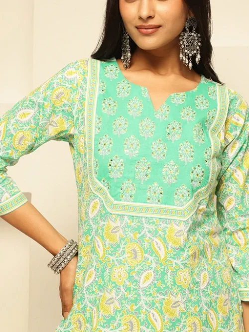 Floral Printed Notch Neck Pure Cotton Kurta with Palazzos & Dupatta