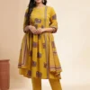 Ethnic Motifs Printed Pleated Pure Cotton A-Line Kurta With Trouser And Dupatta