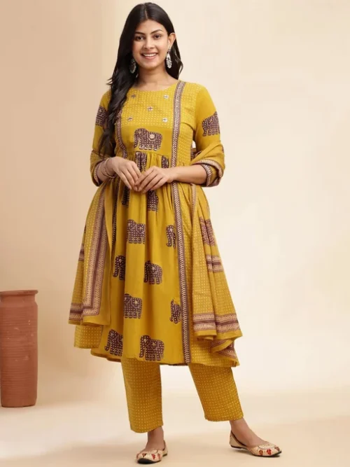 Ethnic Motifs Printed Pleated Pure Cotton A-Line Kurta With Trouser And Dupatta