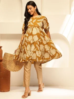 Yellow Women Floral Printed Cotton Tiered Top