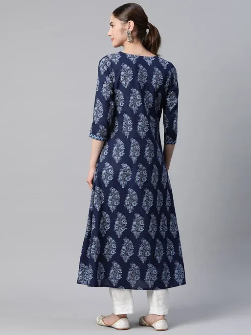 Blue Floral Printed Kantha Work Kurta