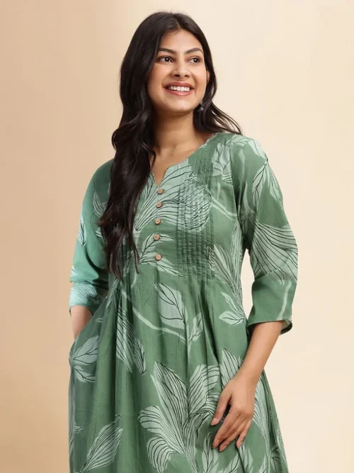 Green Floral Printed Pleated Notch Neck Pure Cotton A-Line Kurta With Palazzos