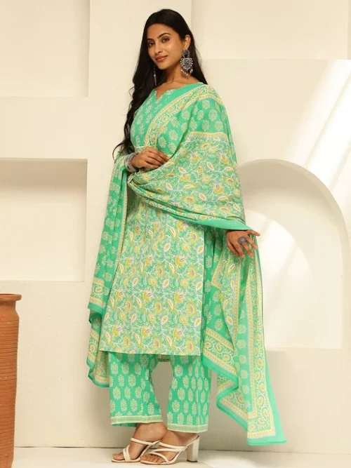 Floral Printed Notch Neck Pure Cotton Kurta with Palazzos & Dupatta