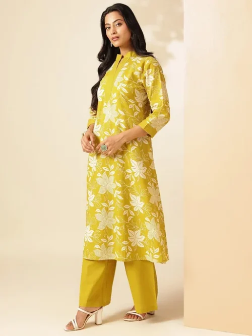 Yellow Women Floral Printed A-Line Cotton Stitched Kurta With Palazzo Sets