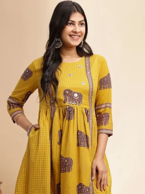 Ethnic Motifs Printed Pleated Pure Cotton A-Line Kurta With Trouser And Dupatta